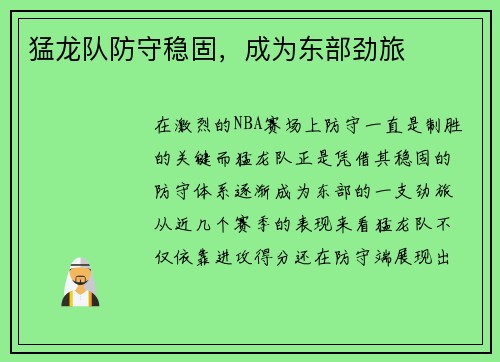 猛龙队防守稳固，成为东部劲旅